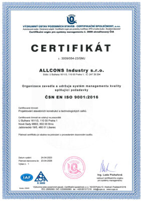 ALLCONS Industry s.r.o.<br />
ČSN EN ISO 9001:2016