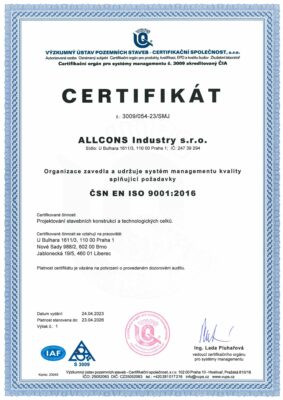 ALLCONS Industry<br />
ČSN EN ISO 9001:2016