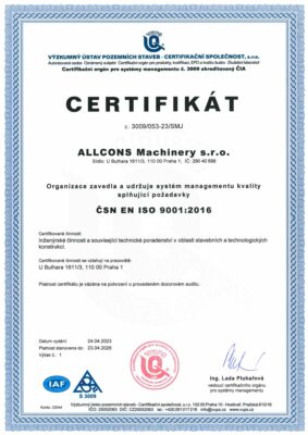 ALLCONS Machinery<br />
ČSN EN ISO 9001:2016