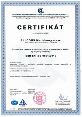 ALLCONS Machinery<br />
ČSN EN ISO 9001:2016