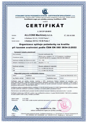 ALLCONS Machinery s.r.o.<br />
ČSN EN ISO 3834-2:2022